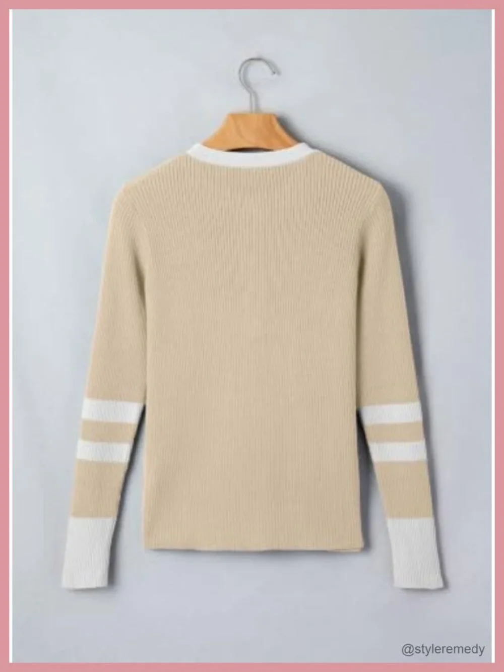 Women's V-Neck Knit Pullover Sweater Button Color-Block Slim Fit